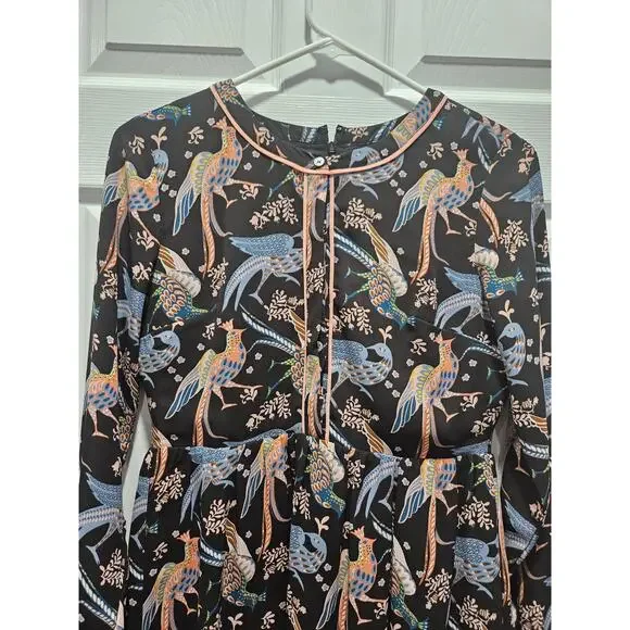 LOFT Womens 0 2 Petite Peacock Snow Bird Print Long Sleeve Dress Crew Neck - Picture 2 of 9
